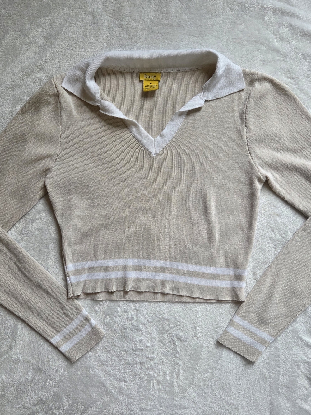 Daisy Cream Preppy Knit Polo with White Trim